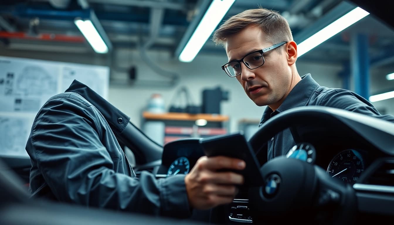 BMW Codierer analysiert das Armaturenbrett eines Fahrzeugs mit hochmodernen Diagnosewerkzeugen.