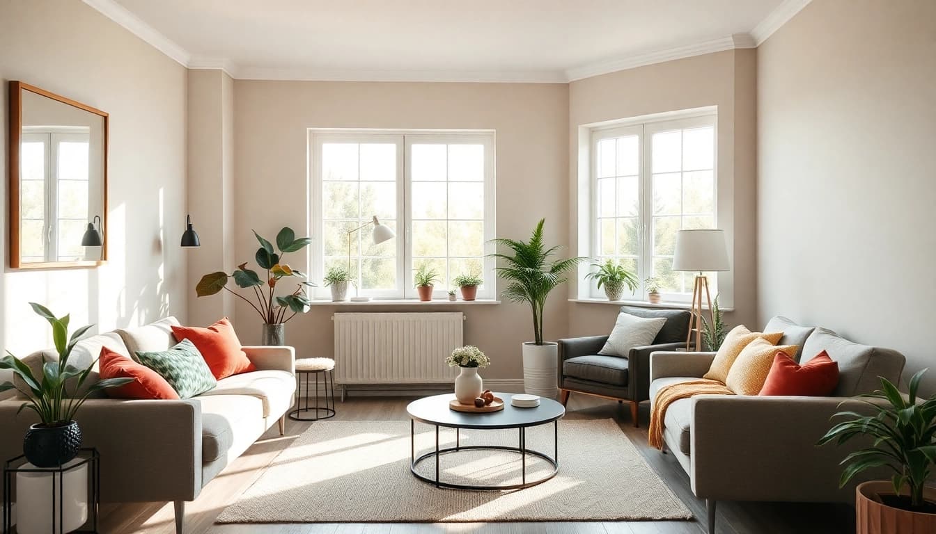 Optimale Raumgestaltung mit hellen Farben und eleganten Möbeln, die eine einladende Atmosphäre schaffen.