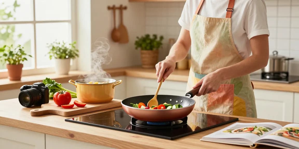 In der Küche kocht eine Person mit einer PTFE freien Pfanne, umgeben von frischen Zutaten und einem einladenden Ambiente.