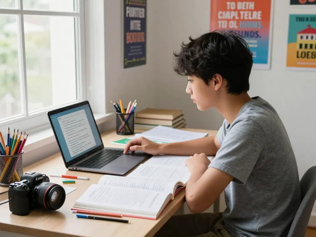 Fokussierter Schüler, der Hausaufgaben Löser online in einer hellen Lernumgebung für effektives Lernen nutzt.
