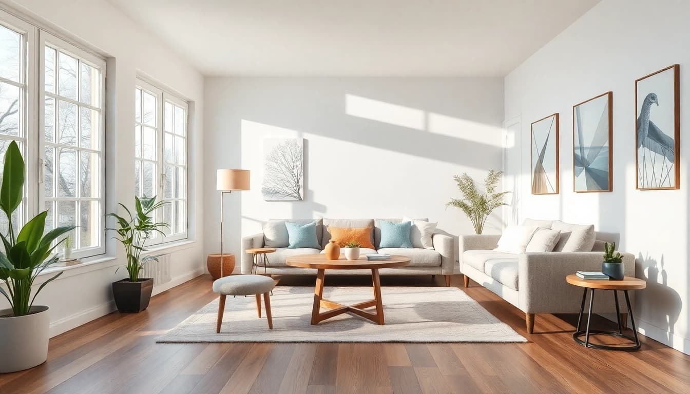 Elegante Raumgestaltung mit heller Einrichtung und geschmackvollen Deko-Elementen, ideal für modernes Wohnen.