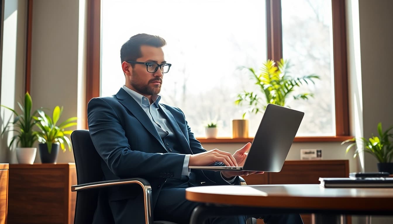 Headhunter, der konzentriert Bewerberprofile durchgeht und Karrierechancen evaluiert.