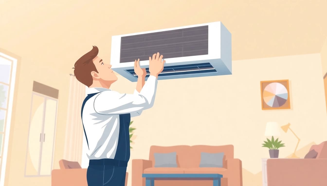 Klimaanlagen installieren lassen - Fachkraft montiert eine Klimaanlage in einem hellen Wohnbereich.