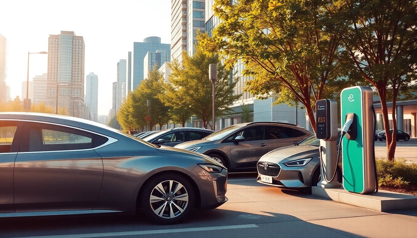 Effiziente Elektroautos an einer modernen Ladestation mit urbanem Hintergrund.