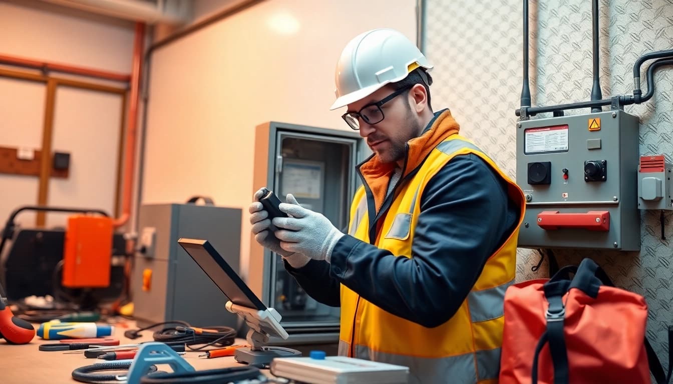 Electrician conducting a DGUV V3 Prüfung, ensuring workplace safety with professional equipment.