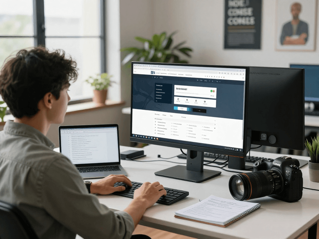Barrierefreie und rechtssichere Webseiten Dienstleistung in einem modernen Arbeitsumfeld mit Webdesigner, der an der Optimierung von Webseiten arbeitet.