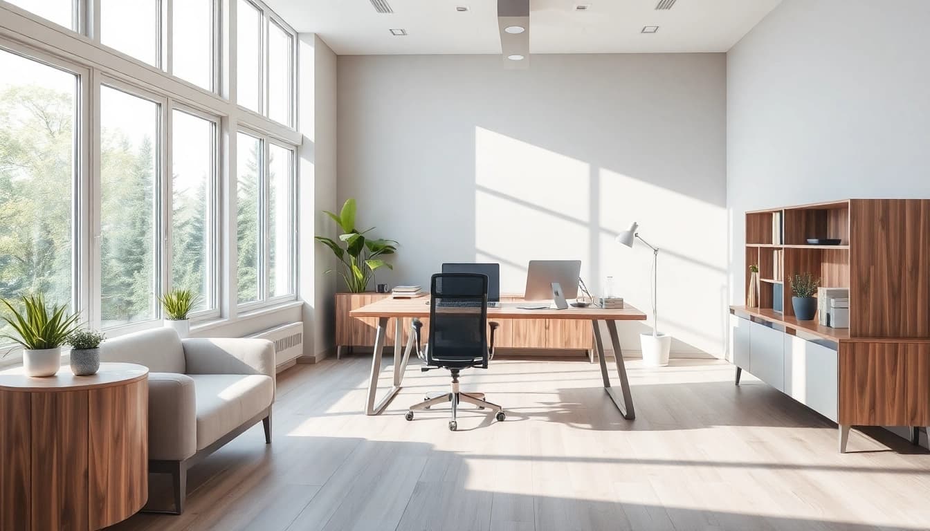 Moderne Büromöbel schaffen eine produktive Arbeitsumgebung mit elegantem Design und praktischer Ergonomie.