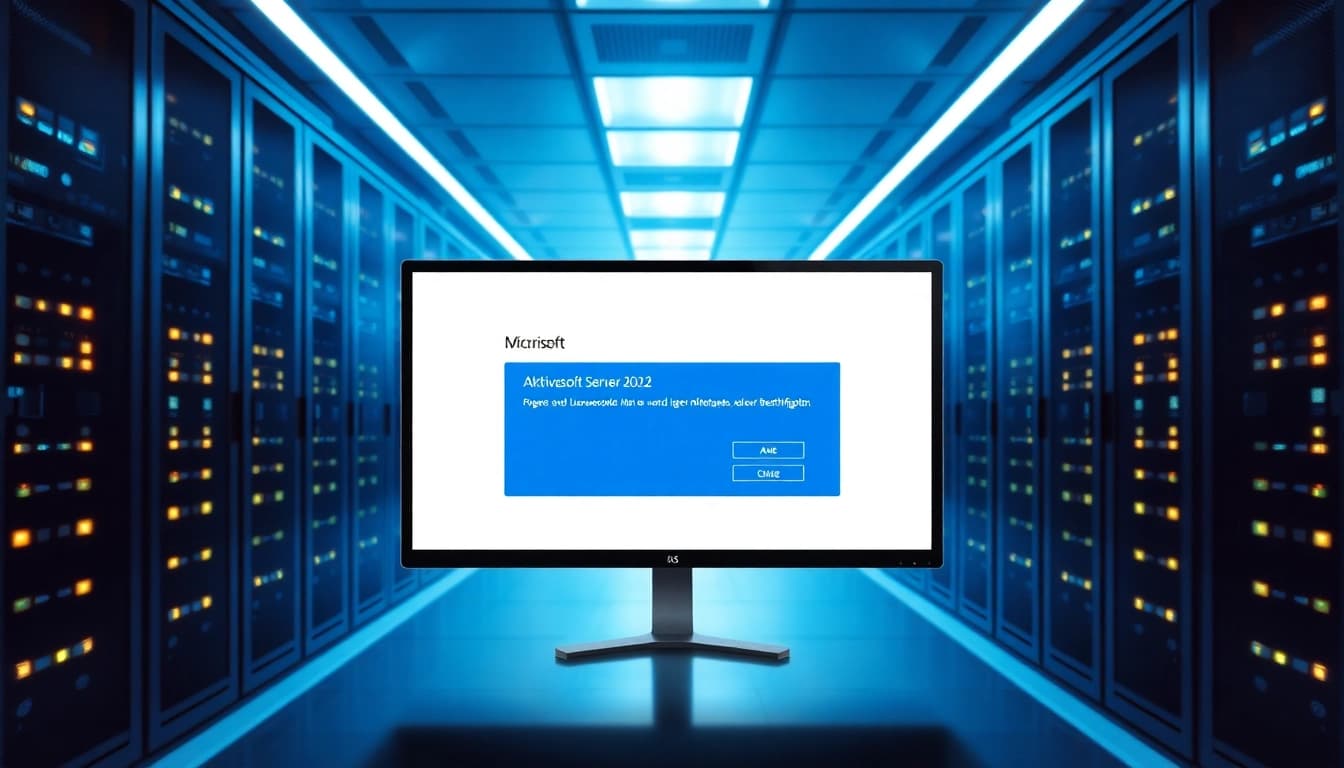 Microsoft Server 2022 Vollversion aktivieren mit einem Monitor, der den Aktivierungsprozess zeigt und moderne Serverracks im Hintergrund präsentiert.