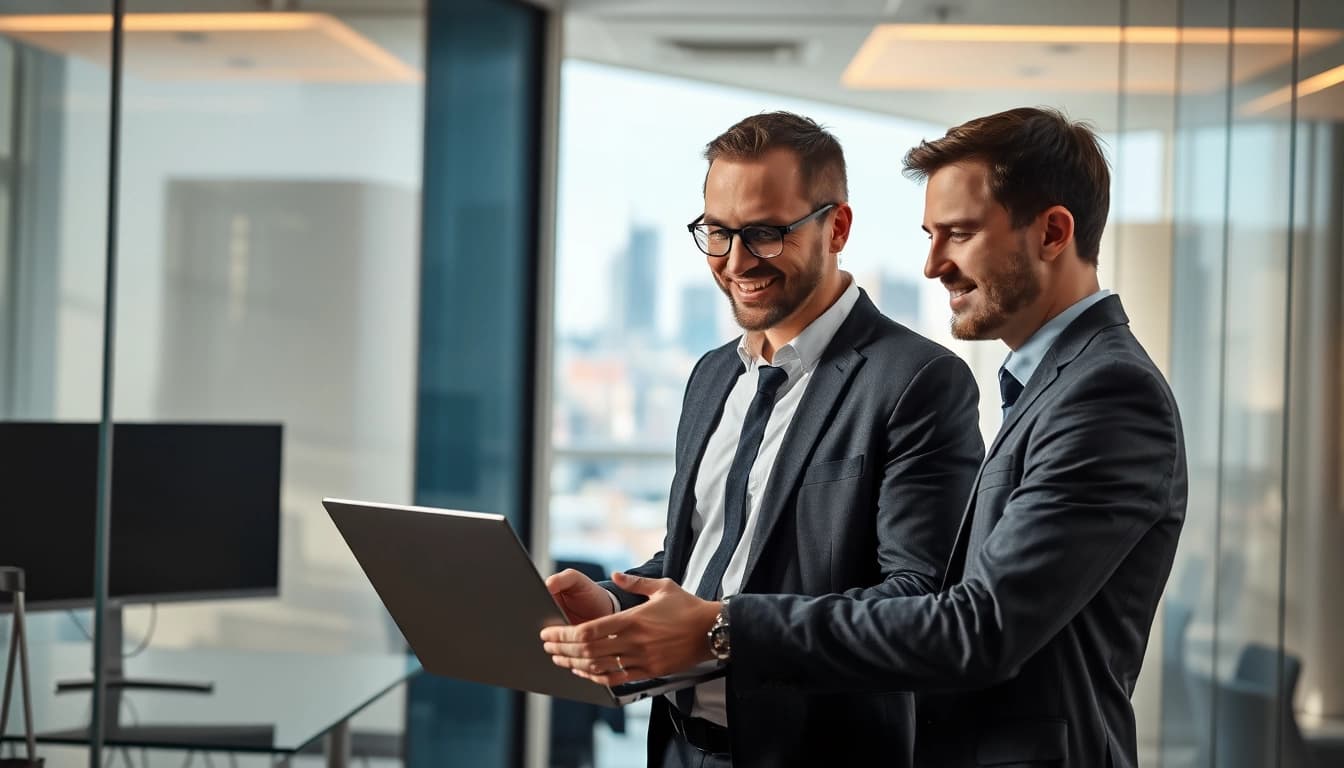 Professioneller Headhunter IT arbeitet mit Laptop in modernem Büro.