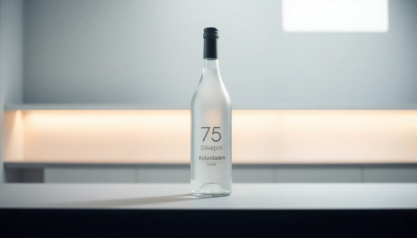 Aufnahme von Kolloidalem Silber 75 ppm in einer eleganten Flasche, die Reinheit und Qualität vermittelt.