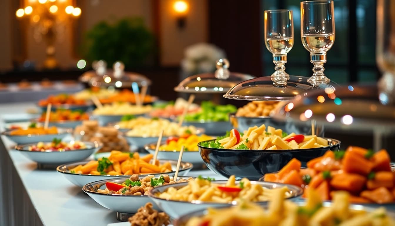 Enjoy a lavish buffet catering display showcasing gourmet dishes and vibrant presentations.
