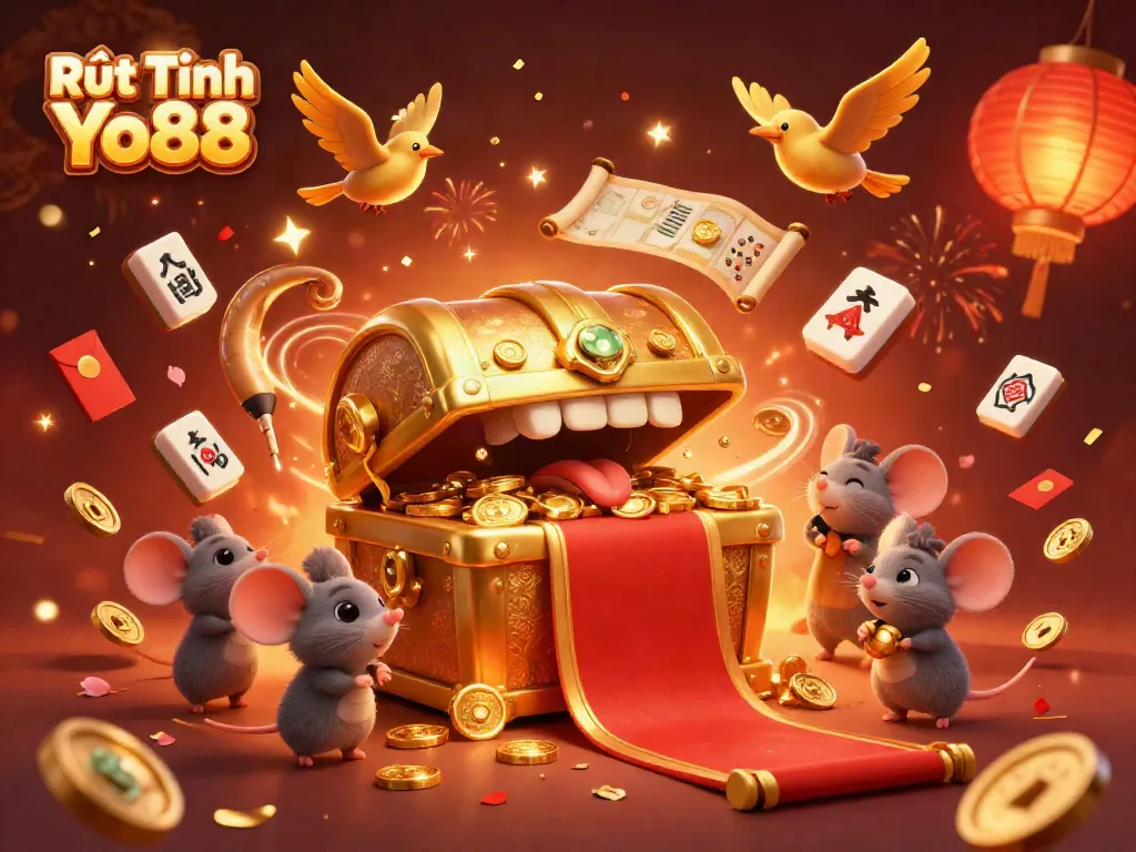 Engage in Rút Tiền Yo88 with glowing golden elements, cartoon characters, and festive casino imagery.