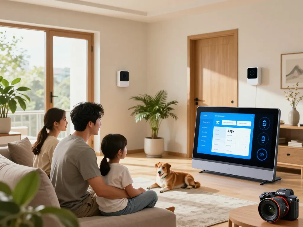 Familie verwendet Ajax Alarmanlage zur Haussicherheit in einem modernen Wohnzimmer.