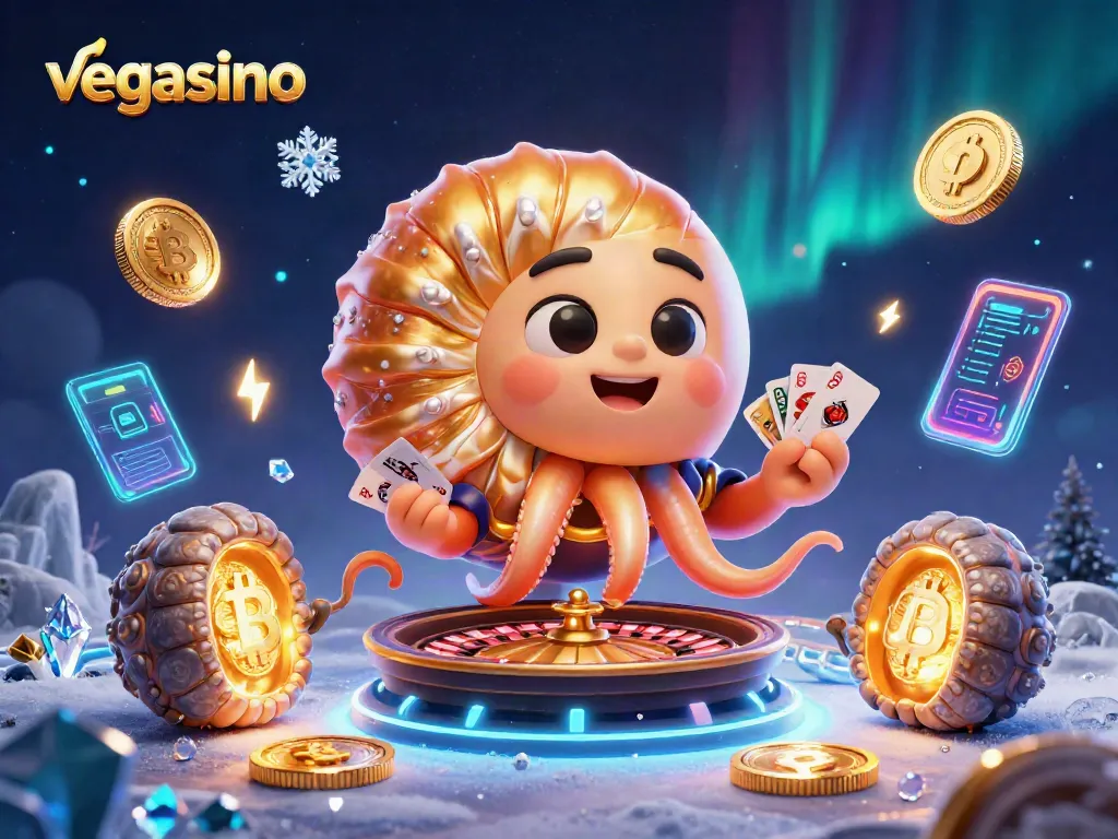 Experience the excitement of vegasino with 3D characters and crypto elements in a vibrant casino setting.