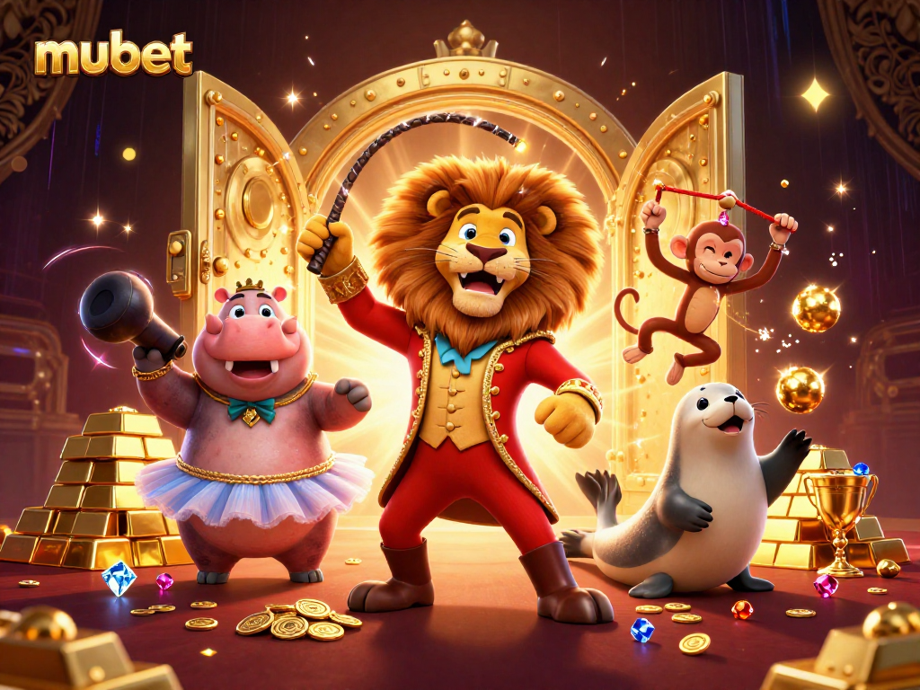 Experience the excitement of mubet with vibrant casino characters surrounded by golden treasures.