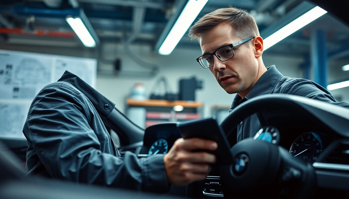 BMW Codierer analysiert das Armaturenbrett eines Fahrzeugs mit hochmodernen Diagnosewerkzeugen.