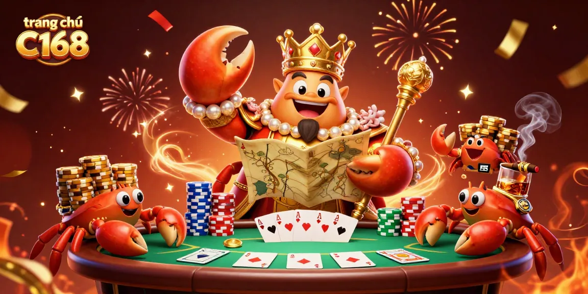 Experience the excitement with trang chủ C168 featuring a golden crab emperor in a vibrant casino scene.