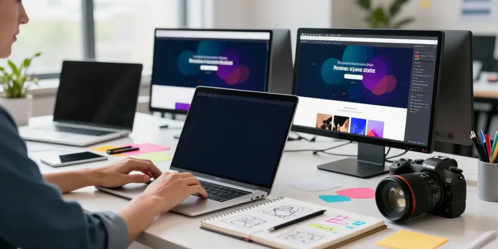 Webdesign Saarland: Kreatives Team arbeitet an modernen Webseiten in hellem Designstudio