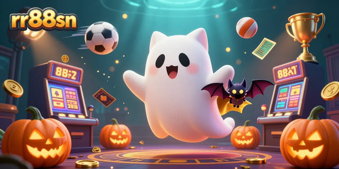 Join the fun with rr88sn at an exciting haunted casino featuring dynamic sports elements and glowing ghost characters.