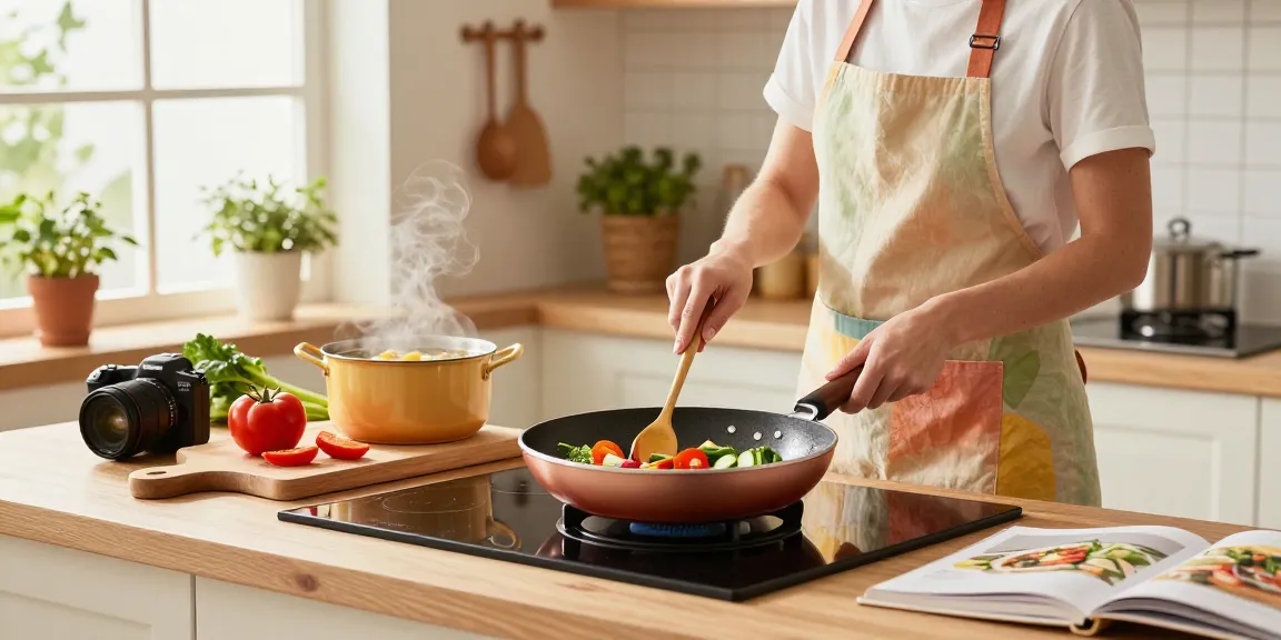 In der Küche kocht eine Person mit einer PTFE freien Pfanne, umgeben von frischen Zutaten und einem einladenden Ambiente.