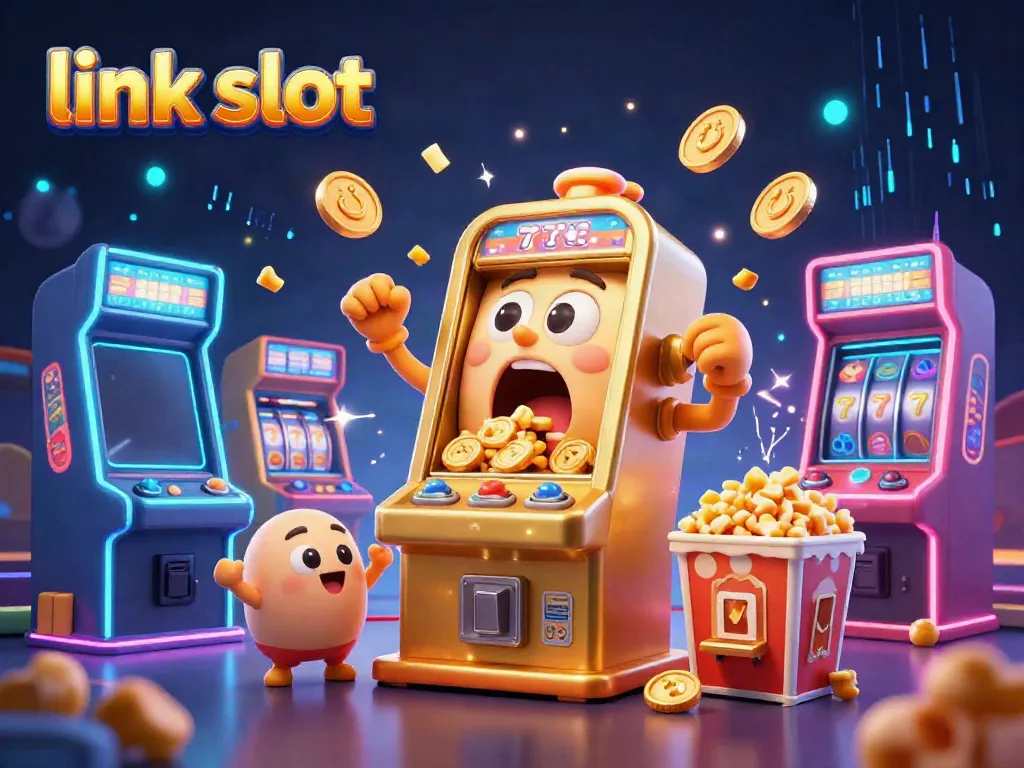 Cheering slot machines celebrating a jackpot with "link slot" theme in a vibrant 3D gambling scene.