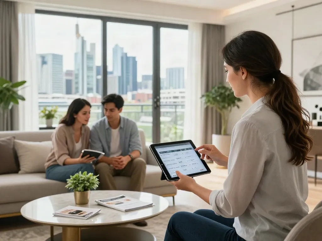 Bester Immobilienmakler Frankfurt im Gespräch mit Interessenten in modernem Wohnzimmer mit Aussicht.