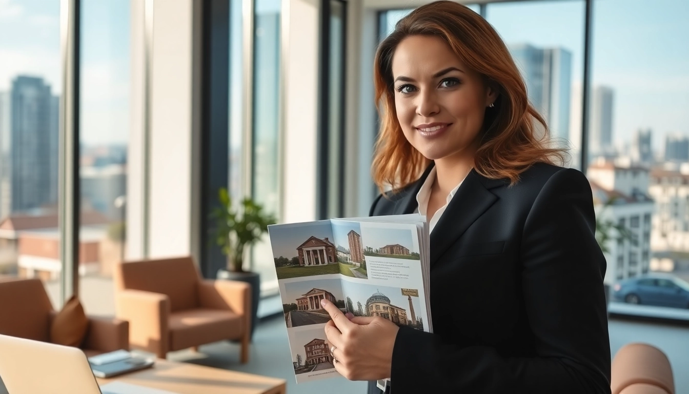 Immobilienmakler Frankfurt Dornbusch berät Kunden in modernem Büro mit Immobilienbroschüren.