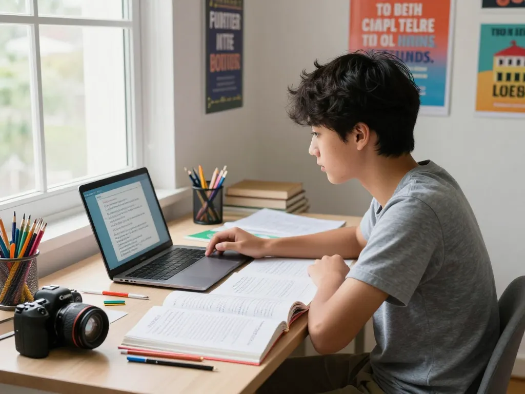 Fokussierter Schüler, der Hausaufgaben Löser online in einer hellen Lernumgebung für effektives Lernen nutzt.