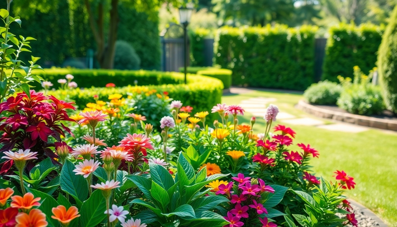 Gartenbau in einem sorgfältig angelegten Garten mit bunten Blumen und gepflegten Sträuchern.