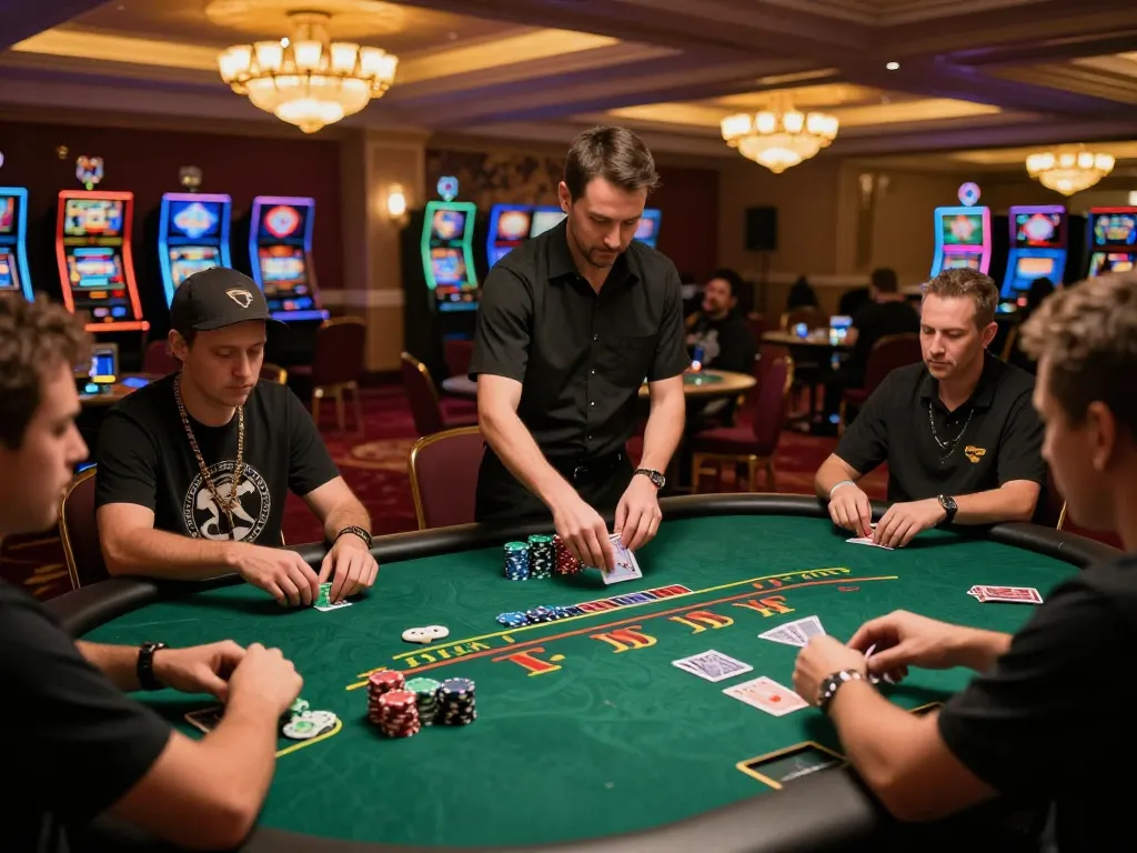 GO88 poker players in intense game with vibrant chips and warm casino lighting
