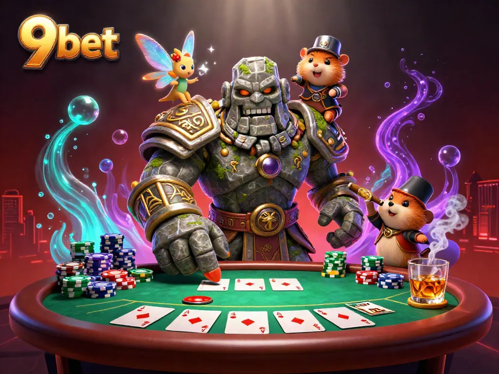 Engage with exciting poker action at 9 bet surrounded by animated characters and vibrant casino elements.