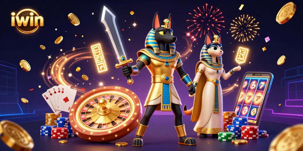 Play and win at iwin with vibrant 3D art showcasing Anubis, Bastet, and casino elements.
