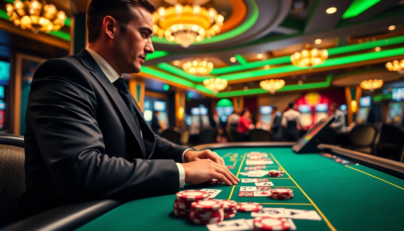Spannende Spielsituation auf casinospielen.de mit professionellem Dealer und bunten Chips.
