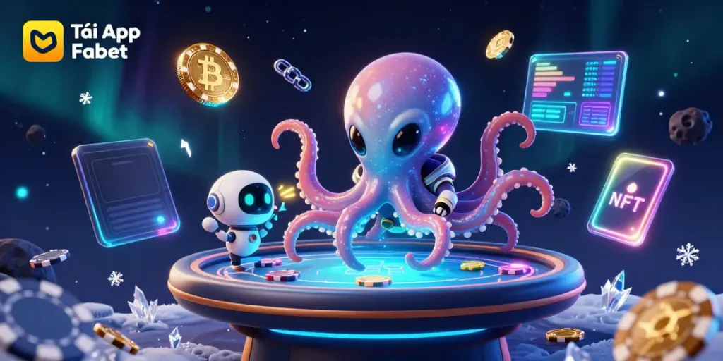 Experience Tải App Fabet excitement with a holographic poker table scene featuring an alien octopus and animated robot!