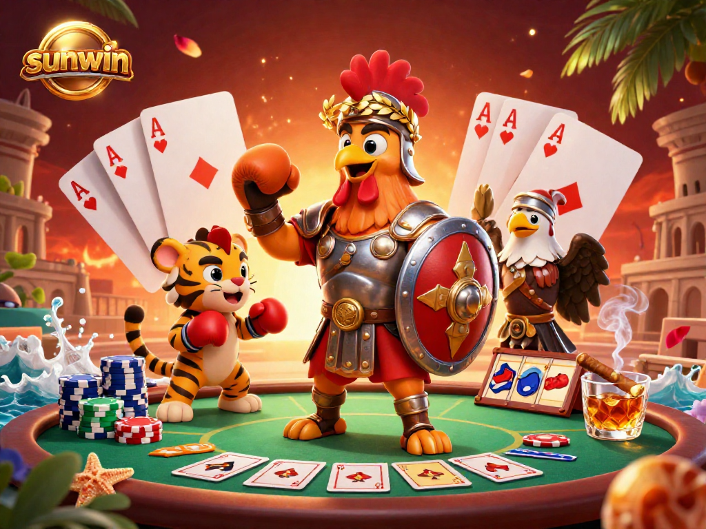 Experience sunwin's energetic casino atmosphere with gladiators, poker chips, and excitement.