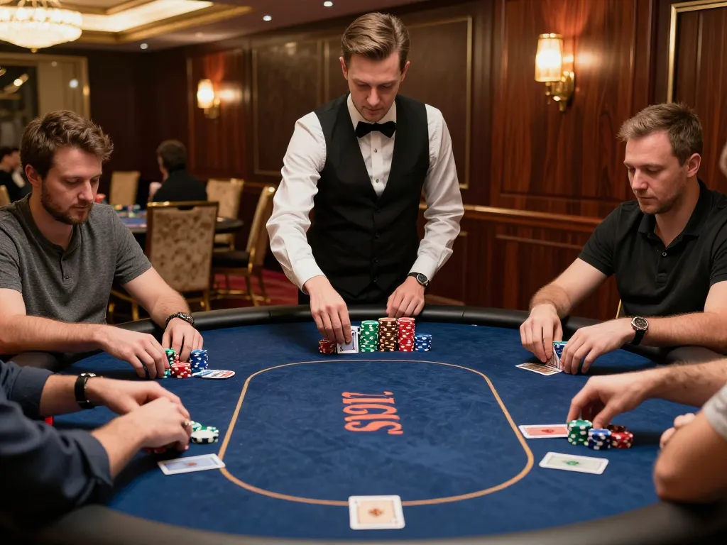 F168 players strategizing bets at elegant poker table with vibrant chips in upscale casino