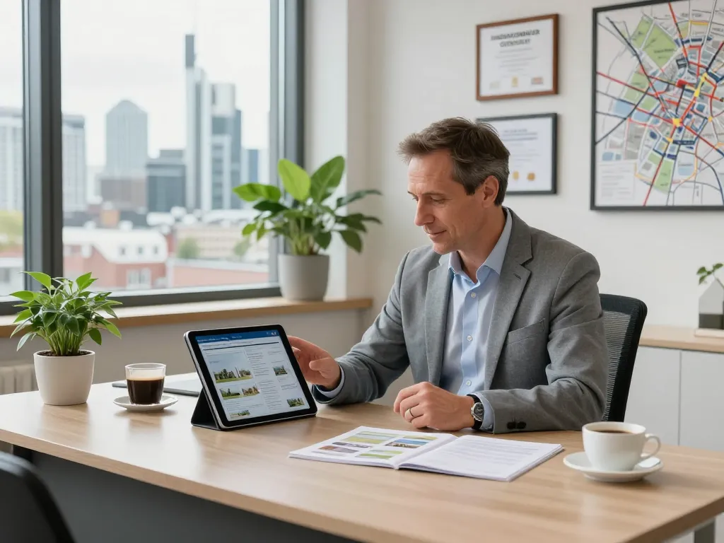 Immobilienmakler Frankfurt Ginnheim bietet Expertenberatung für Immobilien in einem modernen Bürosetting.