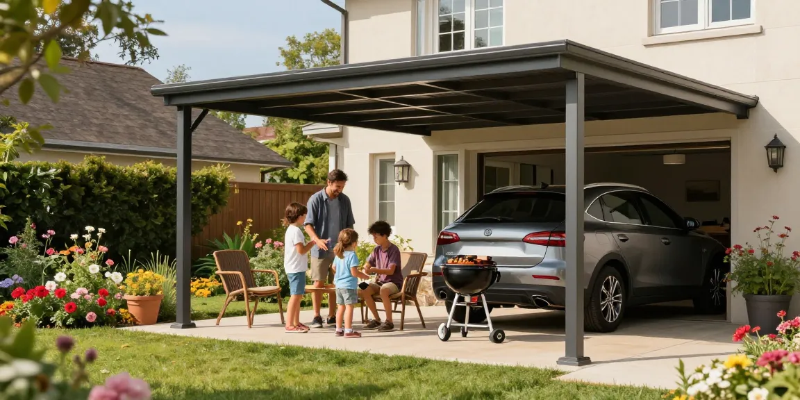 Moderne Carport in sonnigem Garten mit Familie beim Grillen.
