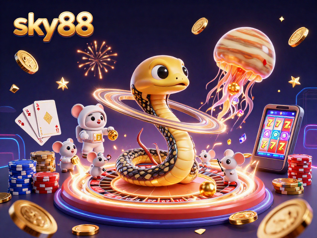 Catch the fun at sky88 with a vibrant cosmic casino scene featuring a Saturn snake roulette and astronaut mice.