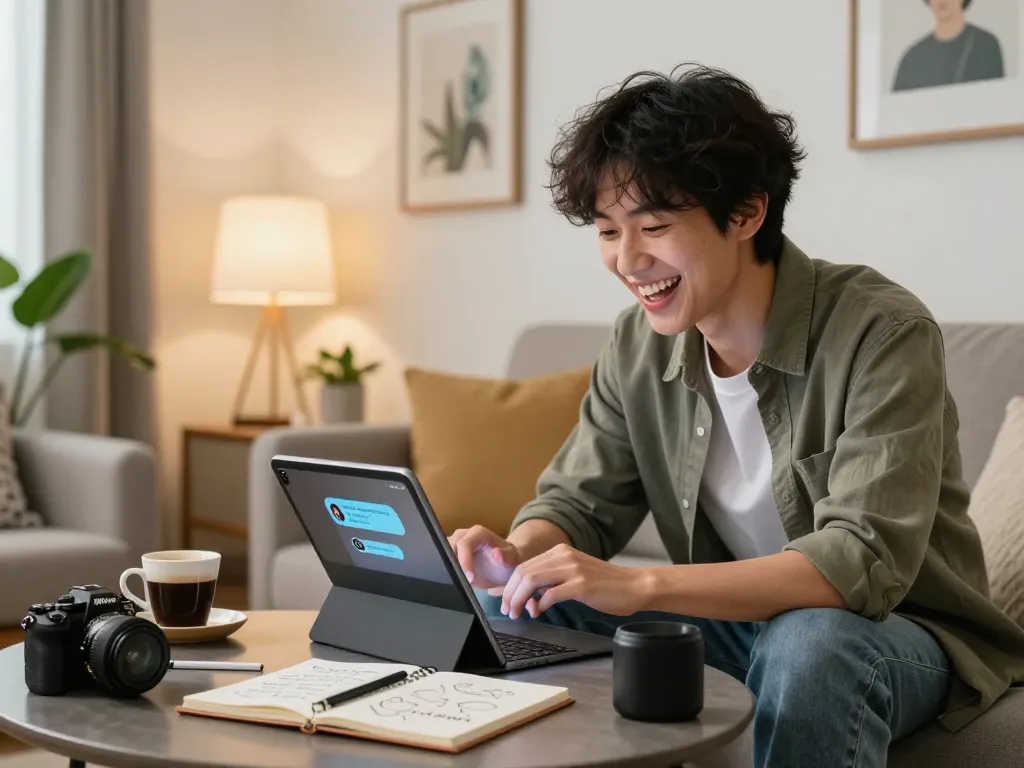 Young adult enjoying a sex ai chat on a tablet in a cozy home setting, highlighting modern digital interaction.