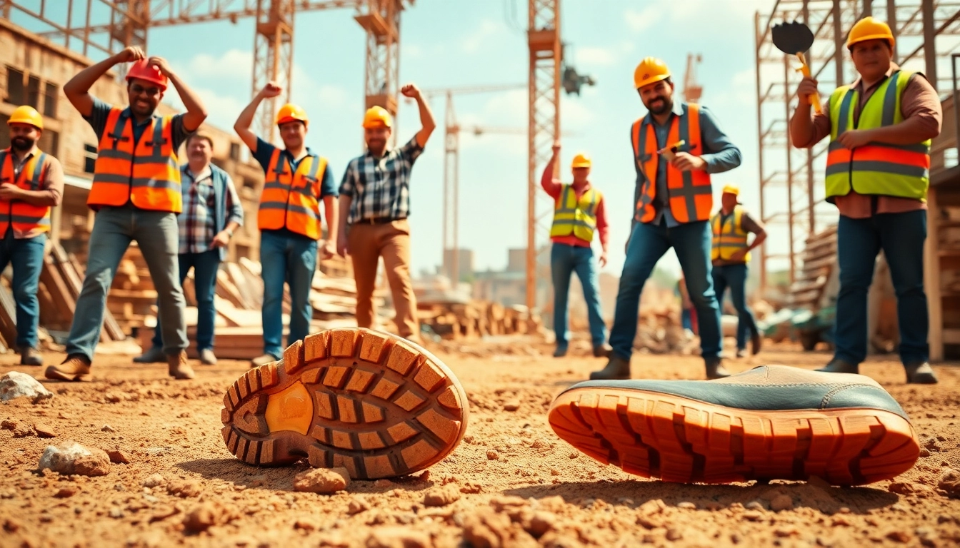 Arbeiter tragen U-Power Sicherheitsschuhe, die Schutz und Komfort auf einer Baustelle bieten.