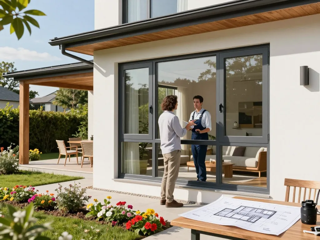 Präsentation von Fenster Schüco Fenstern in einem modernen Zuhause mit einem Bauunternehmer, der über Energieeigenschaften diskutiert.