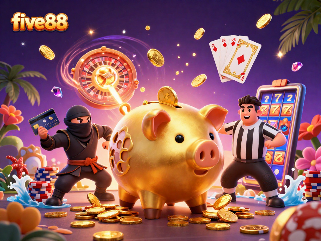 Experience thrilling gameplay with five88's dynamic scene featuring a golden piggy bank sumo wrestler.