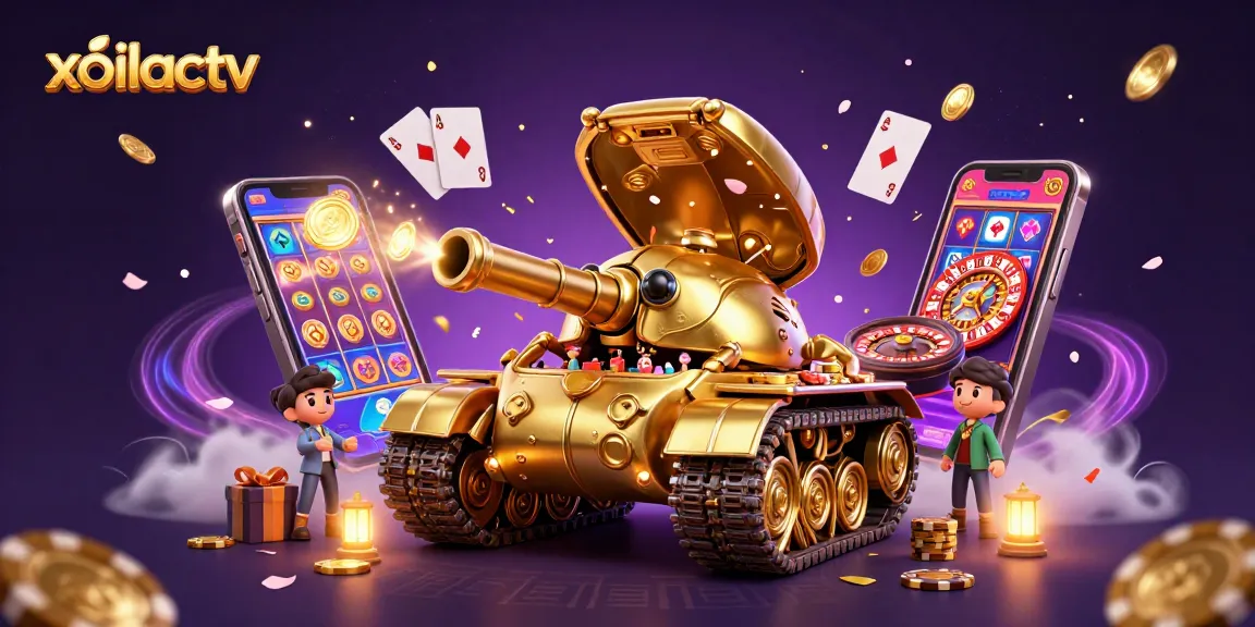 Xoilactv captures a vibrant gaming scene with golden beetle tank revealing a casino inside, surrounded by dynamic slot games and festive coins.