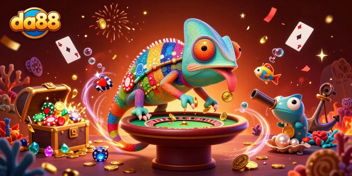 Experience vibrant gaming with da88's dynamic casino scene filled with colorful chameleon and gold coins.