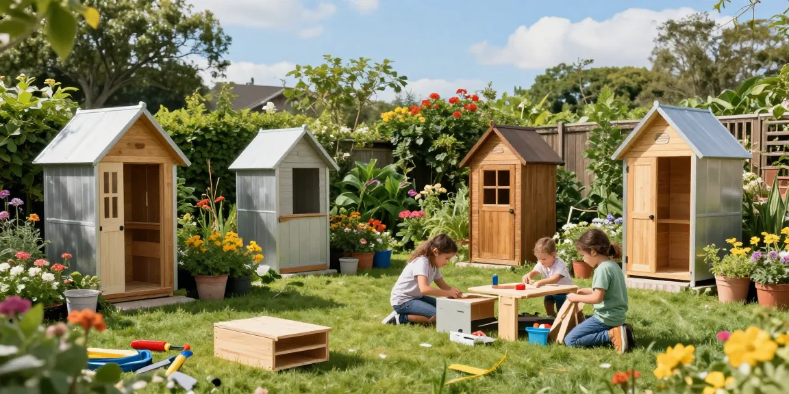 Gartenhäuser aus Holz und Aluminium in einem blühenden Garten, wo eine Familie Möbel zusammenstellt.