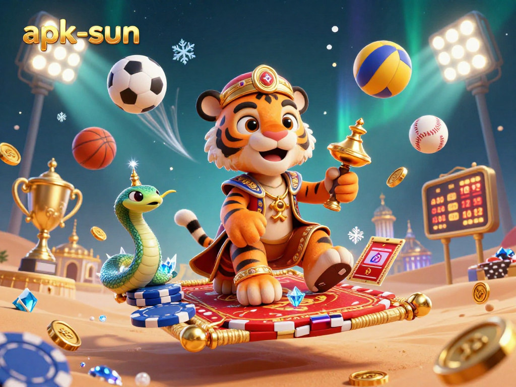 Experience thrilling wins with apk-sun in this vibrant 3D casino illustration.
