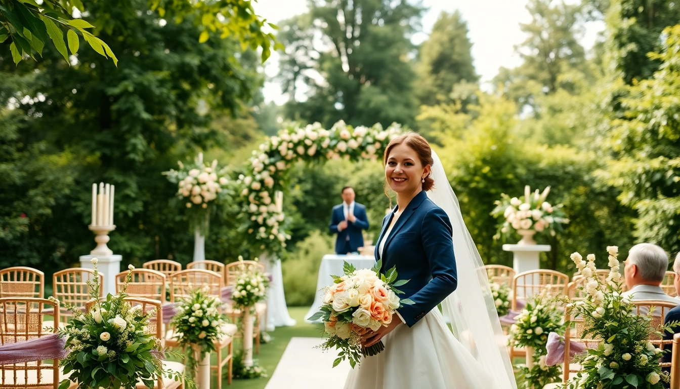 Hochzeitsfotograf München festhält einen strahlenden Moment während einer Trauung im Freien.
