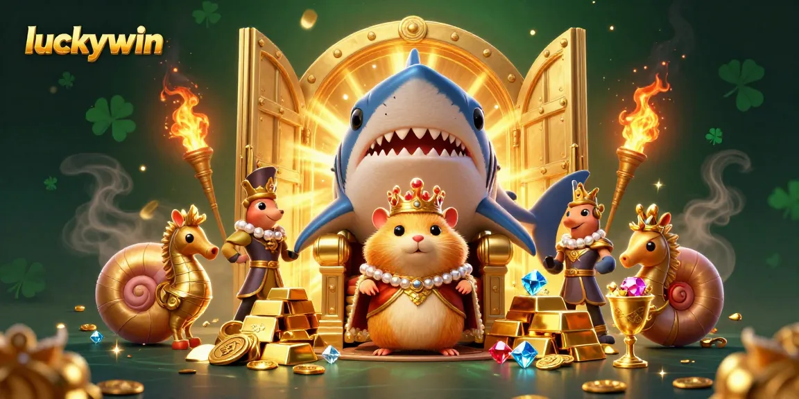 Experience thrilling wins at luckywin with a golden hamster king amidst treasures and royal corals.