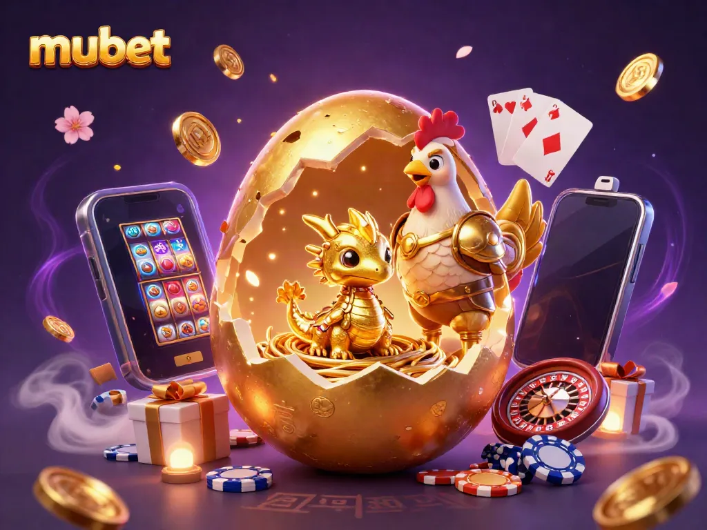 Enjoy exciting mubet casino action with a golden baby dragon guarding poker chips amidst slot games and vibrant energy.